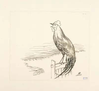 Un coq perché sur un seau, devant la mer. av Félix Bracquemond