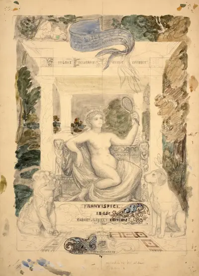 Kvinna med spegel flankerad av lejon och hund, studie till frontespis för Société des aquafortistes av Félix Bracquemond
