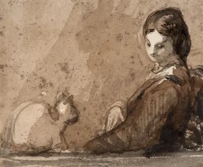 Woman with a cat av Félix Bracquemond