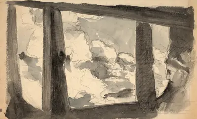 Young woman looking out of a train window av Félix Bracquemond