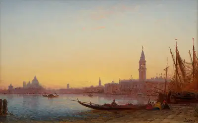 Gondoler i Grand Bassin, Venedig av Félix Ziem