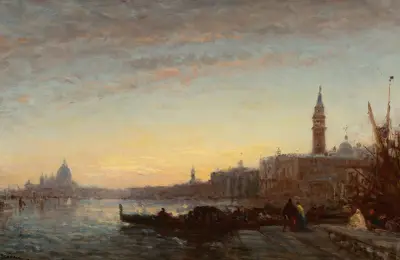 Gondoler vid Esclavons kaj, Venedig av Félix Ziem