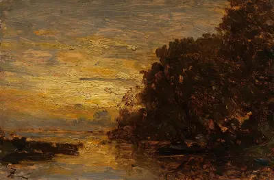 La Seine à Billancourt, coucher de soleil av Félix Ziem