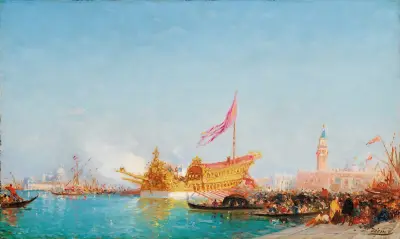 Bucentauren sedd från Quai des Esclavons, Venedig av Félix Ziem