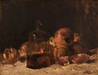Stilleben med flaska och granatäpplen av Félix Ziem