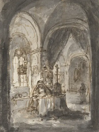 En nunna sitter vid altaret i en kyrka av Ferdinand Bol