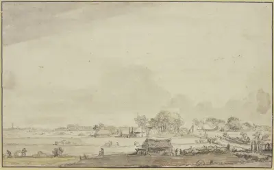 Landschaft mit zerstreuten Hütten, links sind Leute mit der Ernte beschäftigt av Ferdinand Bol