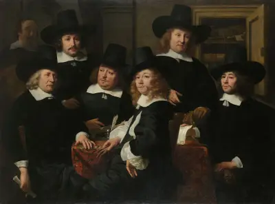 Six Regents and the Beadle of the Nieuw Zijds Institute for the Outdoor Relief of the Poor, Amsterdam, 1657 av Ferdinand Bol
