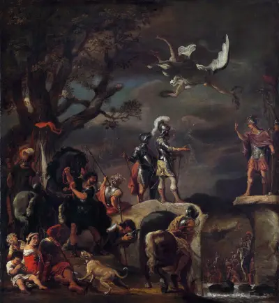 The Peace Negotiations between Claudius Civilis and Quintus Petillius Cerealis on the Demolished Bridge av Ferdinand Bol