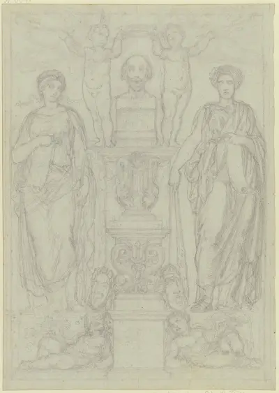 Büste Shakespeares, flankiert von Thalia und Melpomene av Ferdinand Fellner