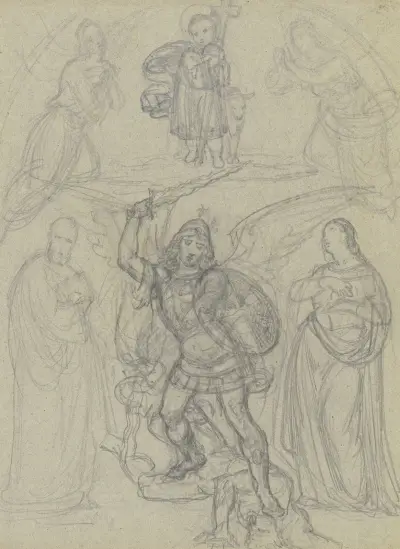 Das Jesuskind mit Kreuz und dem Lamm, von zwei Engeln und zwei Heiligen verehrt, darunter der Erzengel Michael, Satan stürzend av Ferdinand Fellner