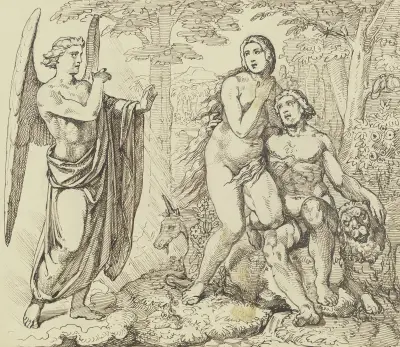 Ein Engel überbringt Adam und Eva Gottes Verbot, vom Baum der Erkenntnis des Guten und Bösen zu essen av Ferdinand Fellner