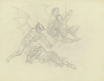 En ängel och en djävul strider om en fallen själs av Ferdinand Fellner