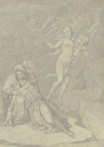 Francesca und Paolo, gemeinsam im zweiten Höllenkreis schwebend, links der klagende Dante, von Vergil getröstet av Ferdinand Fellner
