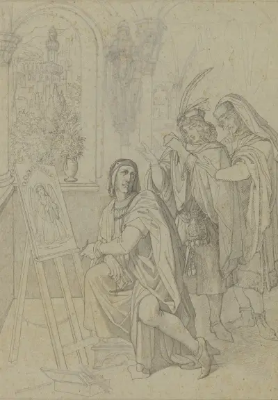 Giotto, beundrad av två förnäma florentinare medan han målar av Ferdinand Fellner