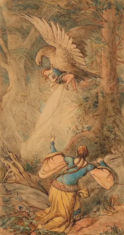 Illustration zu dem Märchen ‘Fundevogel’ av Ferdinand Fellner