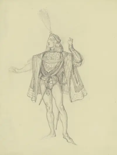 Kostymfigur med barett och hög fjäder av Ferdinand Fellner