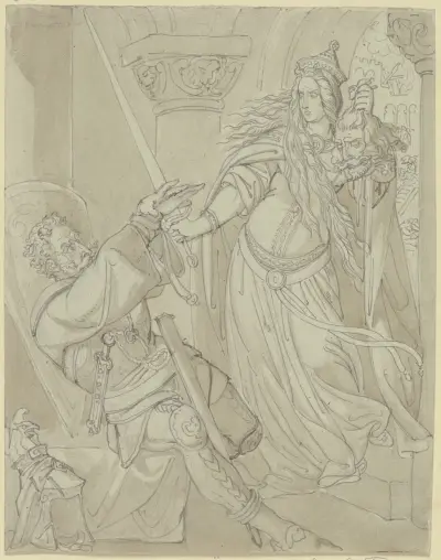 Kriemhild mit Gunthers Kopf vor Hagen von Ferdinand Fellner
