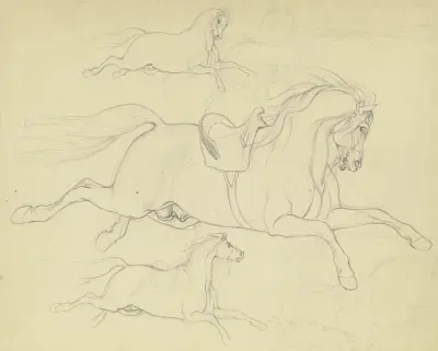 Studieblad; Tre hästar i sträckt galopp åt höger, en med sadel och antydd ryttare av Ferdinand Fellner