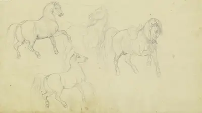 Studieblad; hästar, delvis sadlade av Ferdinand Fellner