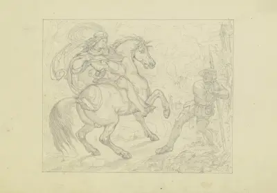 Ungedeutete Szene; Ein Ritter, einen mit einem Spieß bewaffneten Bauern an einem Bildstock mit der Armbrust bedrohend. av Ferdinand Fellner