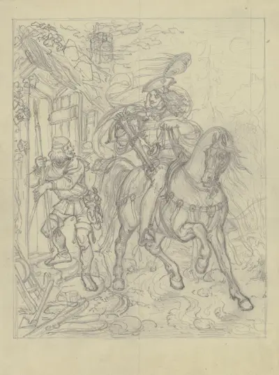 Ungedeutete Szene; Ein Ritter mit Armbrust an einer Hütte haltend, ein Knappe betritt diese. av Ferdinand Fellner