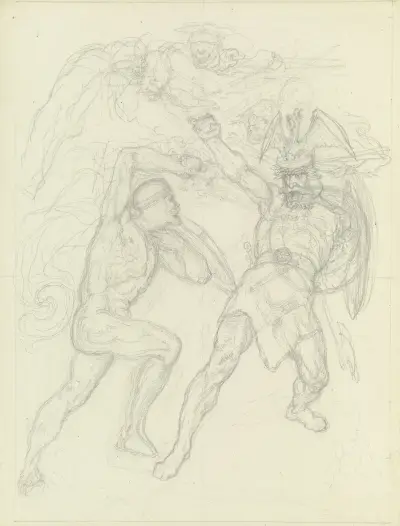 Två kämpande krigare (Macbeth och Macduff) av Ferdinand Fellner