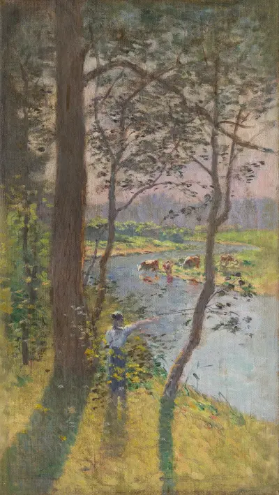 Landscape with a River and Cattle Watering av Ferdinand Katona