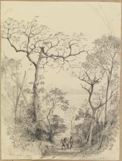 Utsikt från berget över en väg med dragdjur och människor av Ferdinand Keller