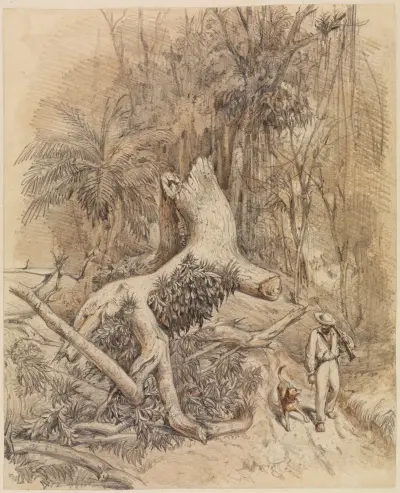 Jägare med hund i urskogen av Ferdinand Keller