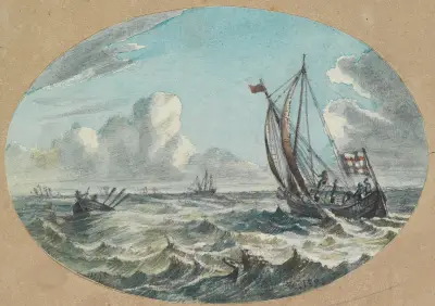 Marinmålning – segel och roddbåt på upprört hav av Ferdinand Keller