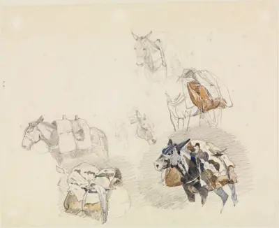 Studieblad med packade hästar av Ferdinand Keller