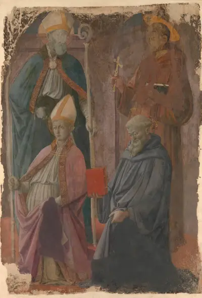 Saints Augustine and Francis, a Bishop Saint, and Saint Benedict av Filippo Lippi