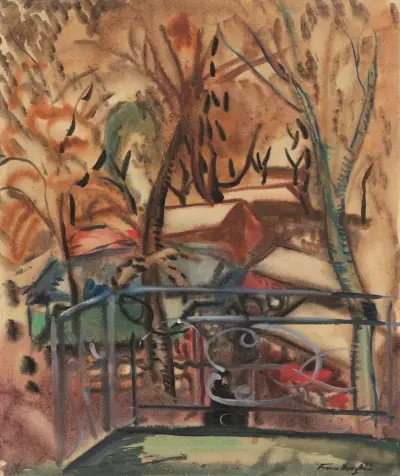 Market at Concarneau from a window of the Hotel des Voyageurs av Frances Hodgkins