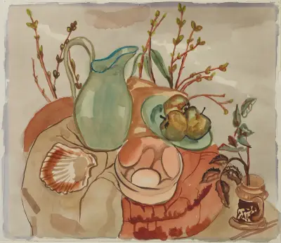 Still life with eggs and willow av Frances Hodgkins