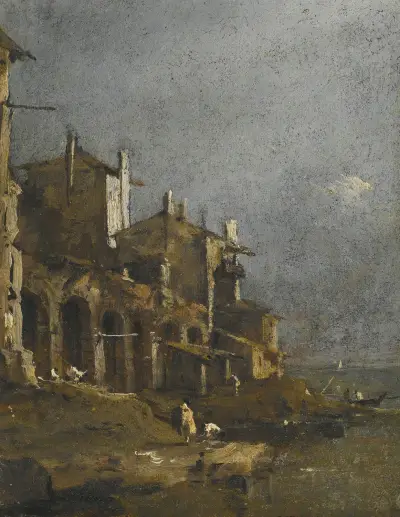 Kapris med kustlandskap och figurer på stranden under en arkad av Francesco Guardi