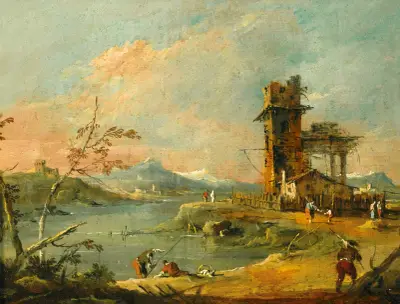 Ett capriccio med ett rustikt torn vid en sjö, med berg i bakgrunden av Francesco Guardi