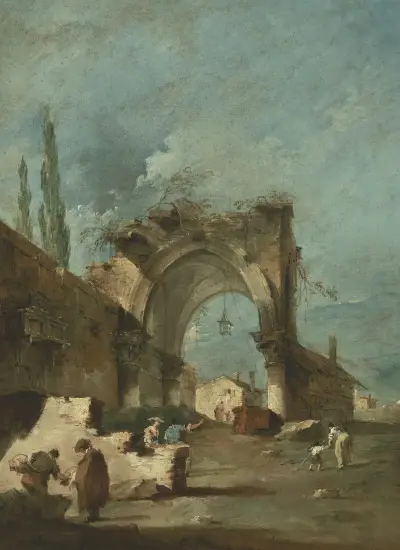 Capriccio med byggnader och figurer vid en raserad valvbåge av Francesco Guardi
