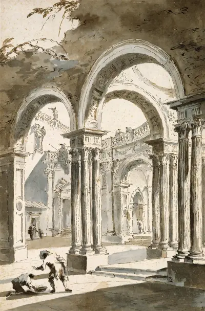 En kolonnad, delvis i ruiner, med figurer av Francesco Guardi