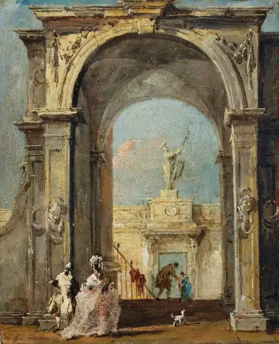 Arkitektonisk capriccio med elegant klädda figurer och en hund vid entrén till ett palats av Francesco Guardi