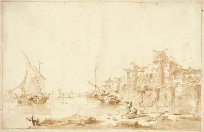 En inbillad vy över Venedigs lagun, med en fästning vid stranden av Francesco Guardi