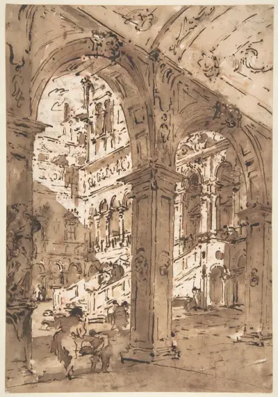 Arkitektonisk capriccio; Palatsgård av Francesco Guardi