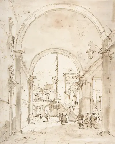 Arkitektonisk capriccio; Storslagen trappa sedd genom en valvöppning av Francesco Guardi