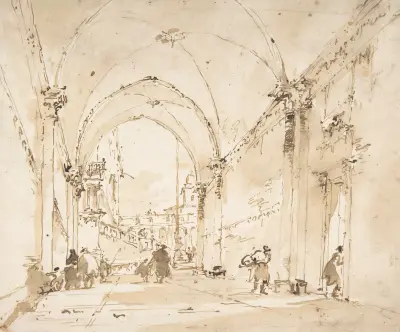 Arkitektoniskt capriccio; valvpassage som leder till en plats av Francesco Guardi