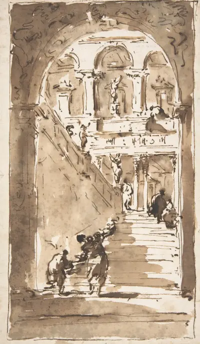 Arkitektonisk fantasi; figurer på en grandios trappa av Francesco Guardi