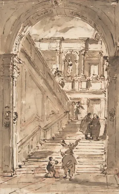 Arkitektonisk fantasi; figurer på en stor trappa av Francesco Guardi