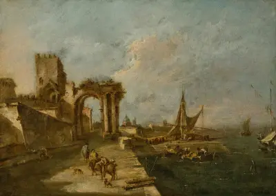 Capriccio with a ruined arch, a tower beyond and a seaport with boats and small vessels, a domed church in the distance av Francesco Guardi