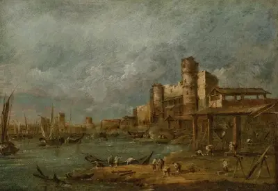 Capriccio with an arsenal, several shipwrights at work in a boatyard, boats and a town with towers beyond av Francesco Guardi