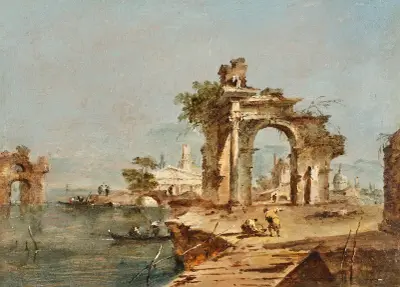 Capriccio med figurer vid en lagun, en ruinerad båge och ett tempel bortom av Francesco Guardi