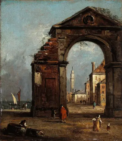 Caprice med triumfbåge i ruiner och lagunlandskap av Francesco Guardi